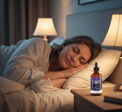 Woman sleeping peacefully with YU Sleep drops on nightstand