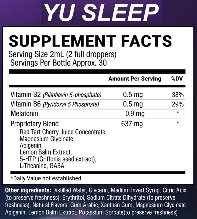 YU Sleep supplement facts label showing melatonin, magnesium, 5-HTP, L-Theanine and GABA